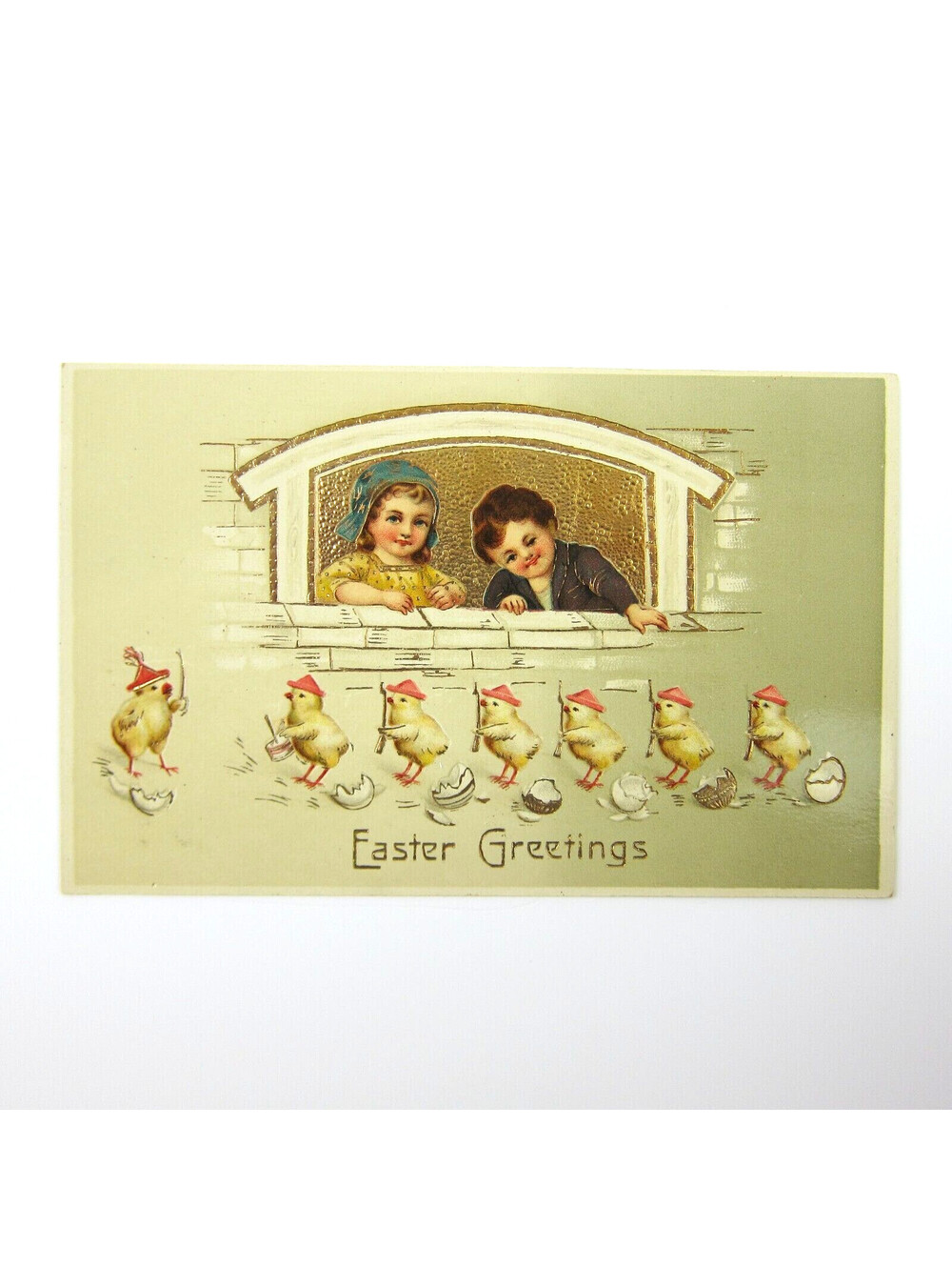 Easter Postcard Boy & Girl Yellow Chick Marching Soldiers Gold Embossed Antique